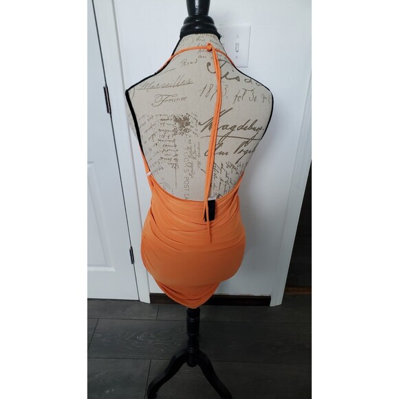 VINTAGE Y2K FANY D USA M Orange Bodycon Halter Going Out Mini Dress Ruched Club - Picture 4 of 6